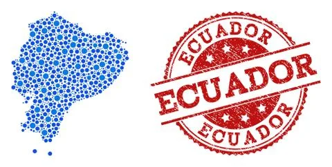 Mosaic Map of Ecuador with Connected Points and Grunge Stamp 스톡 일러스트
