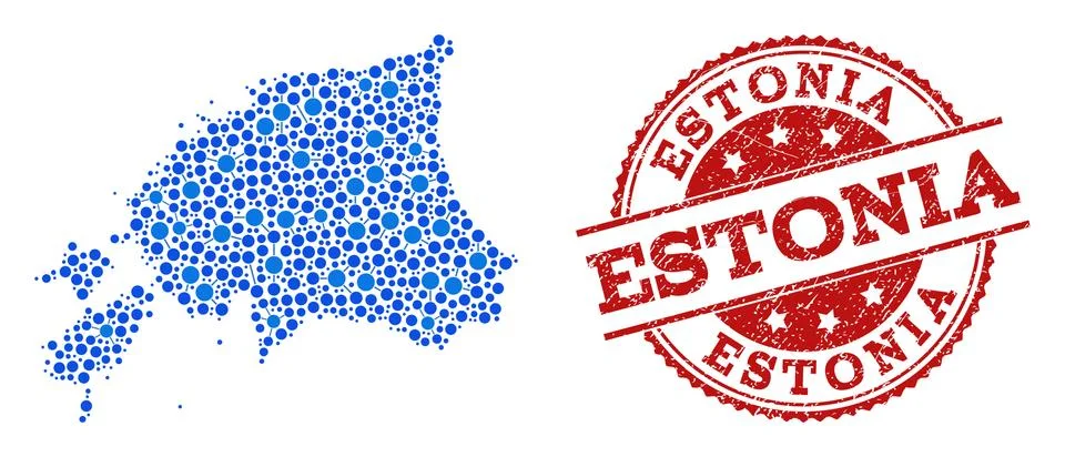 Mosaic Map of Estonia with Linked Points and Scratched Stamp イラスト素材
