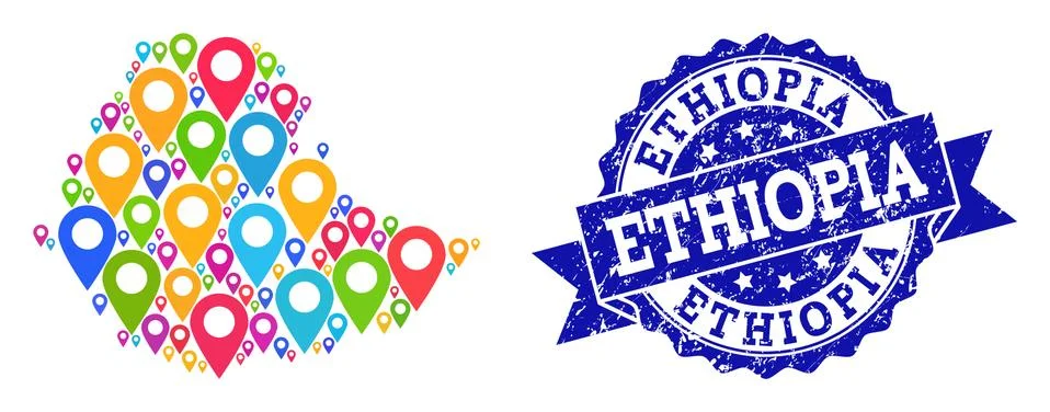 Mosaic Map of Ethiopia with Map Pointers and Distress Stamp Stock Illustration