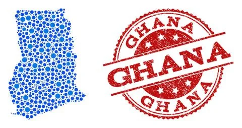 Mosaic Map of Ghana with Connected Points and Scratched Stamp 스톡 일러스트