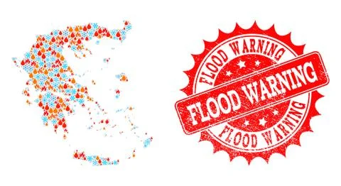 Mosaic Map of Greece of Flame and Snow and Flood Warning Distress Seal Stock Illustration