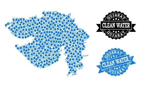 Mosaic Map of Gujarat State with Water Tears and Grunge Stamp Seal Stock Illustration