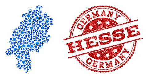 Mosaic Map of Hesse State with Linked Points and Textured Stamp Illustrazione stock