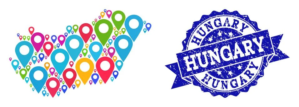 Mosaic Map of Hungary with Map Pointers and Distress Seal Stock Illustration