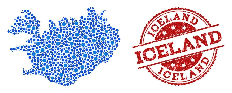 Mosaic Map of Iceland with Connected Points and Textured Stamp Stock Illustration