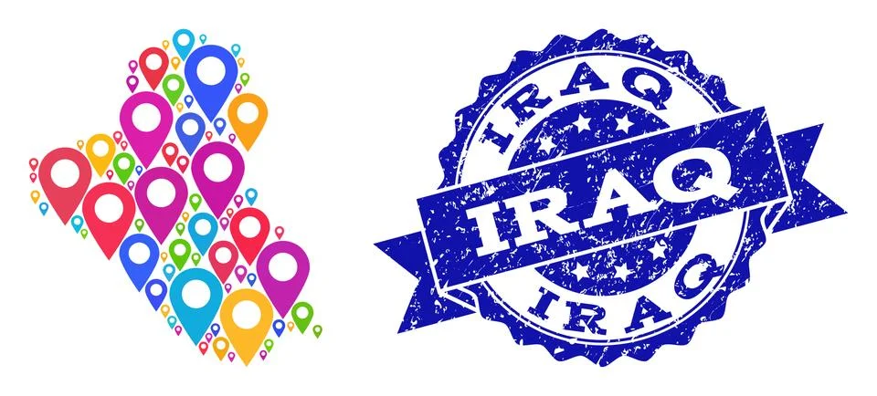 Mosaic Map of Iraq with Map Pointers and Distress Stamp イラスト素材