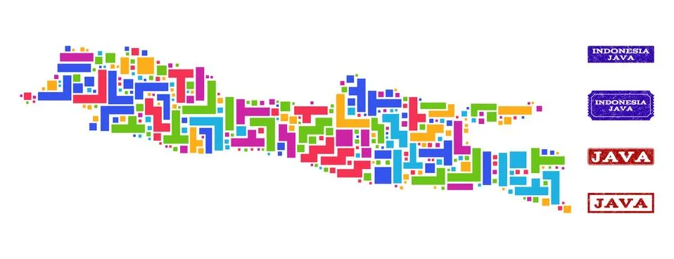Mosaic Map of Java Island and Scratched Stamps Composition Illustration