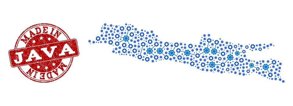 Mosaic Map of Java Island with Cog Connections and Made In Grunge Stamp Ilustração Stock