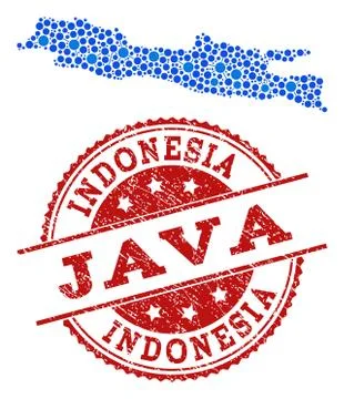 Mosaic Map of Java Island with Connected Dots and Grunge Stamp Stockillustratie