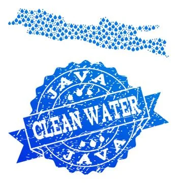 Mosaic Map of Java Island with Water Tears and Grunge Stamp Seal Stock-Illustration