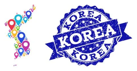 Mosaic Map of Korea with Map Pointers and Textured Stamp 库存插图