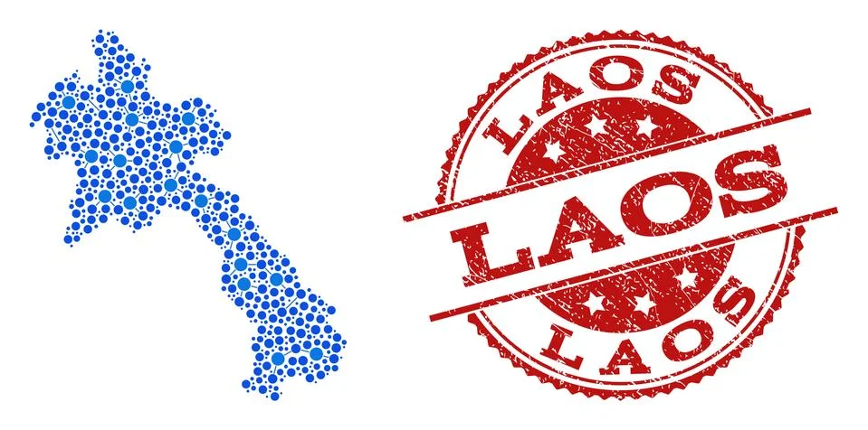 Mosaic Map of Laos with Connected Points and Grunge Stamp Illustrazione stock
