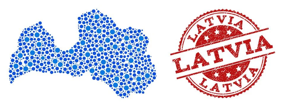 Mosaic Map of Latvia with Connected Points and Textured Stamp 스톡 일러스트