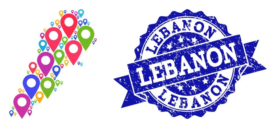 Mosaic Map of Lebanon with Map Pointers and Grunge Seal Stock Illustration
