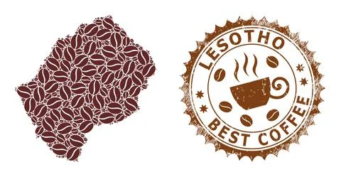 Mosaic Map of Lesotho with Coffee Beans and Scratched Stamp for Best Coffee Stock Illustration
