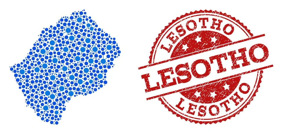 Mosaic Map of Lesotho with Connected Points and Scratched Seal Stock Illustration