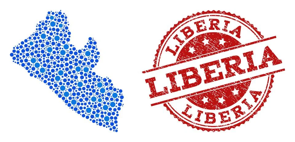 Mosaic Map of Liberia with Linked Points and Scratched Seal 스톡 일러스트