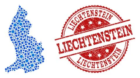 Mosaic Map of Liechtenstein with Connected Points and Grunge Seal イラスト素材