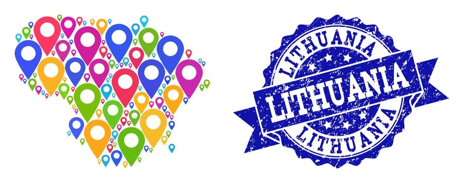 Mosaic Map of Lithuania with Map Pointers and Scratched Stamp Stock Illustration