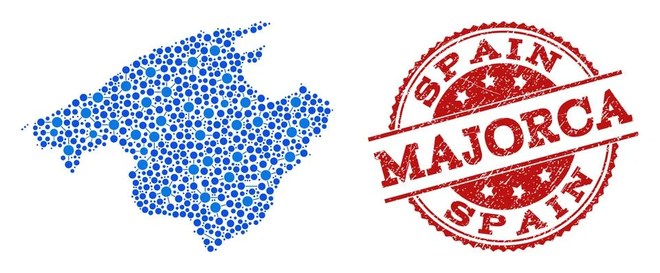 Mosaic Map of Majorca with Linked Points and Distress Stamp Illustrazione stock