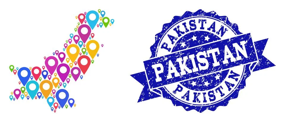 Mosaic Map of Pakistan with Map Pointers and Grunge Seal Stock Illustration