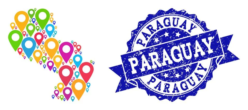 Mosaic Map of Paraguay with Map Pointers and Distress Seal イラスト素材