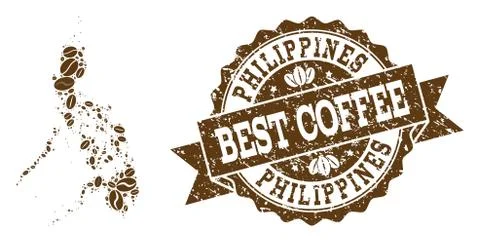 Mosaic Map of Philippines with Coffee Beans and Scratched Stamp Illustrazione stock
