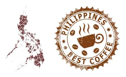 Mosaic Map of Philippines with Coffee Beans and Distress Mark for Best Coffee Stock Illustration