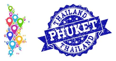 Mosaic Map of Phuket with Map Pointers and Scratched Stamp 스톡 일러스트