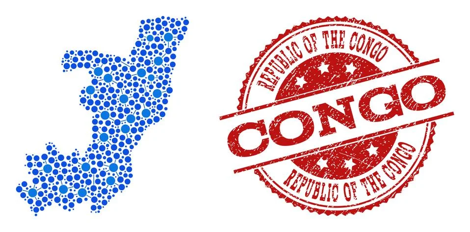 Mosaic Map of Republic of the Congo with Connected Points and Distress Stamp Illustrazione stock
