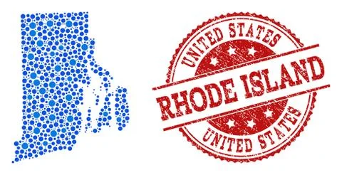 Mosaic Map of Rhode Island State with Connected Dots and Textured Stamp Illustrazione stock