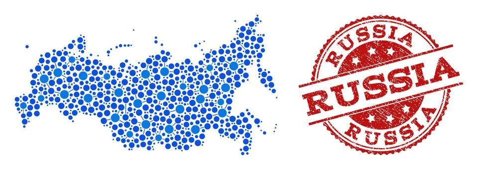 Mosaic Map of Russia with Connected Dots and Scratched Stamp イラスト素材