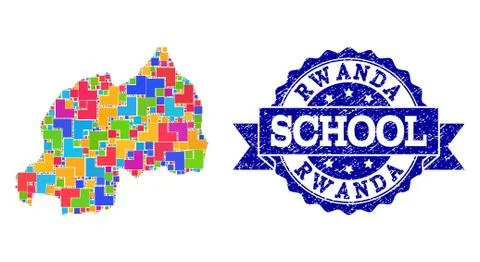 Mosaic Map of Rwanda and Textured School Stamp Composition 스톡 일러스트