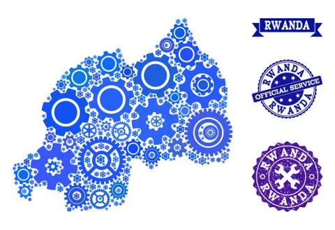 Mosaic Map of Rwanda with Cogs and Rubber Stamps for Service 스톡 일러스트