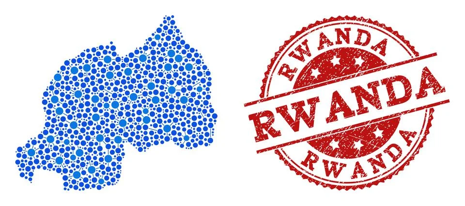 Mosaic Map of Rwanda with Connected Points and Grunge Seal Illustrazione stock