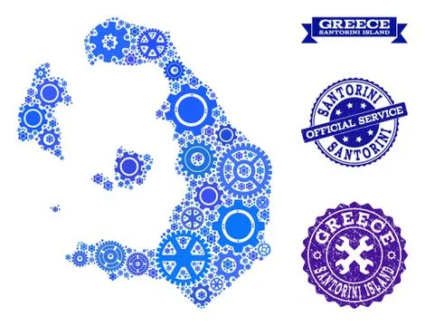 Mosaic Map of Santorini Island with Cogs and Rubber Stamps for Services Stock Illustration
