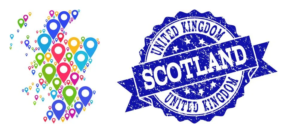 Mosaic Map of Scotland with Map Pointers and Distress Seal Stockillustratie