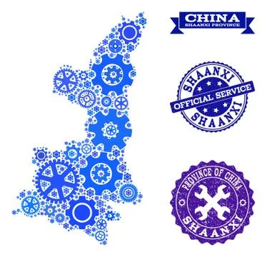 Mosaic Map of Shaanxi Province with Cogs and Rubber Stamps for Service Stock Illustration