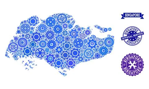 Mosaic Map of Singapore with Cogs and Rubber Stamps for Services Stock Illustration