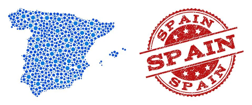 Mosaic Map of Spain with Connected Points and Distress Stamp Illustrazione stock