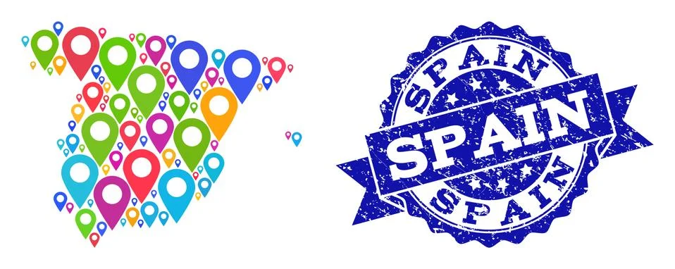 Mosaic Map of Spain with Map Pointers and Textured Seal Stock Illustration