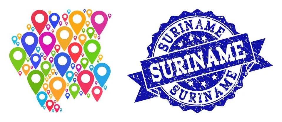 Mosaic Map of Suriname with Map Pointers and Distress Seal イラスト素材