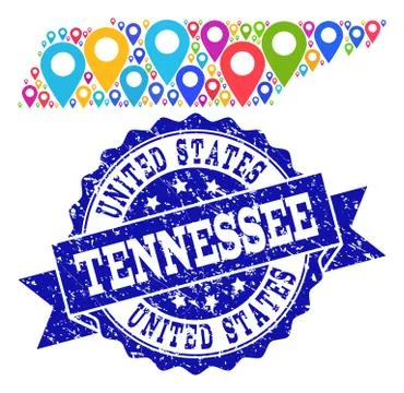 Mosaic Map of Tennessee State with Map Pointers and Scratched Stamp Illustrazione stock