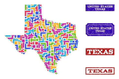 Mosaic Map of Texas State and Grunge Seals Collage Illustrazione stock