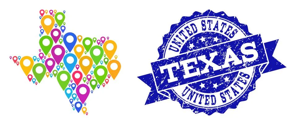 Mosaic Map of Texas State with Map Pointers and Textured Seal Stock Illustration