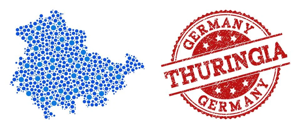 Mosaic Map of Thuringia State with Connected Points and Scratched Stamp Illustrazione stock