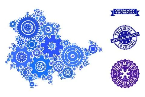 Mosaic Map of Thuringia State with Gear Wheels and Grunge Stamps for Service Illustrazione stock