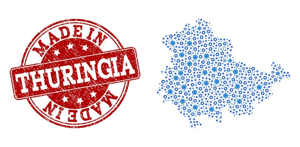 Mosaic Map of Thuringia State with Wheel Integration and Made In Grunge Stamp Illustrazione stock