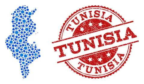 Mosaic Map of Tunisia with Linked Points and Distress Stamp Stock Illustration
