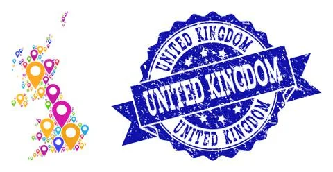 Mosaic Map of United Kingdom with Map Pointers and Distress Seal Stock Illustration